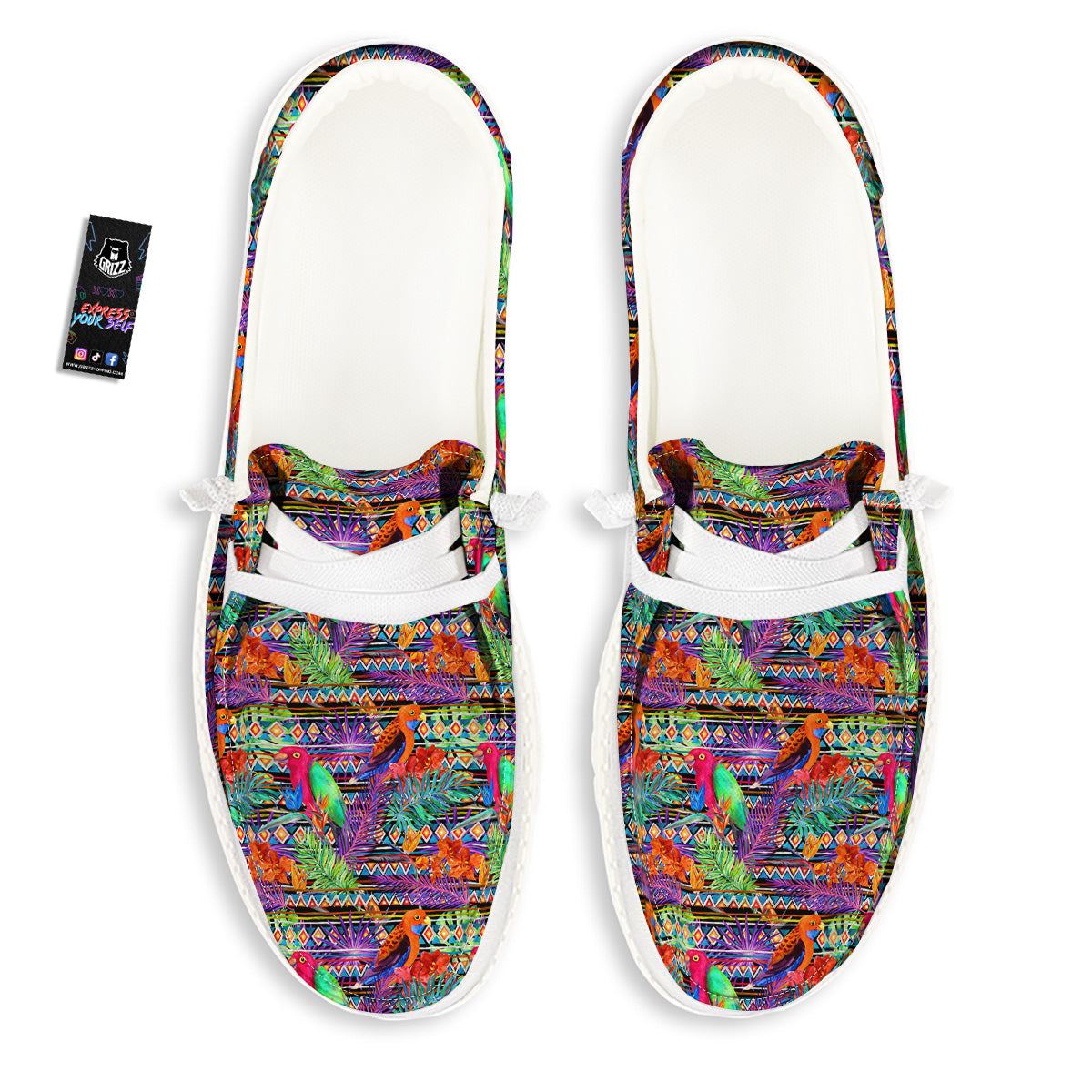Tropical Leaves Exotic Bird Aztec Print Pattern White Loafers-grizzshop