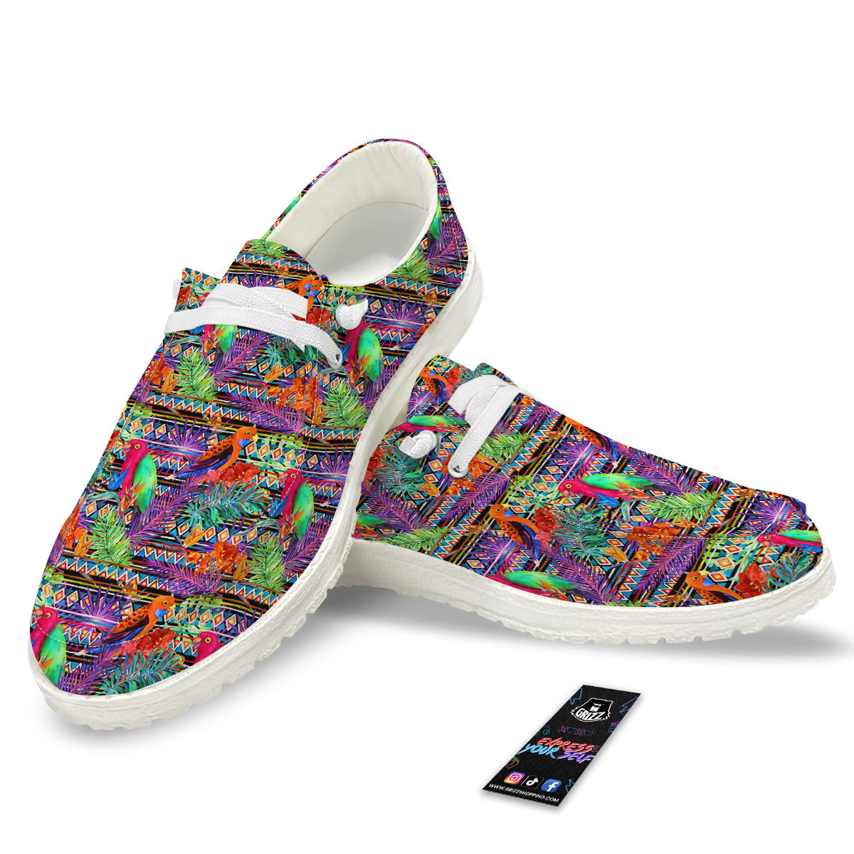 Tropical Leaves Exotic Bird Aztec Print Pattern White Loafers-grizzshop