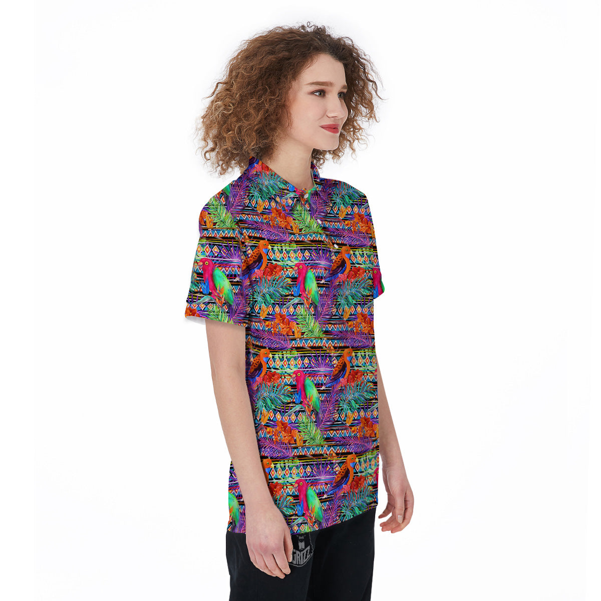 Tropical Leaves Exotic Bird Aztec Print Pattern Women's Golf Shirts-grizzshop
