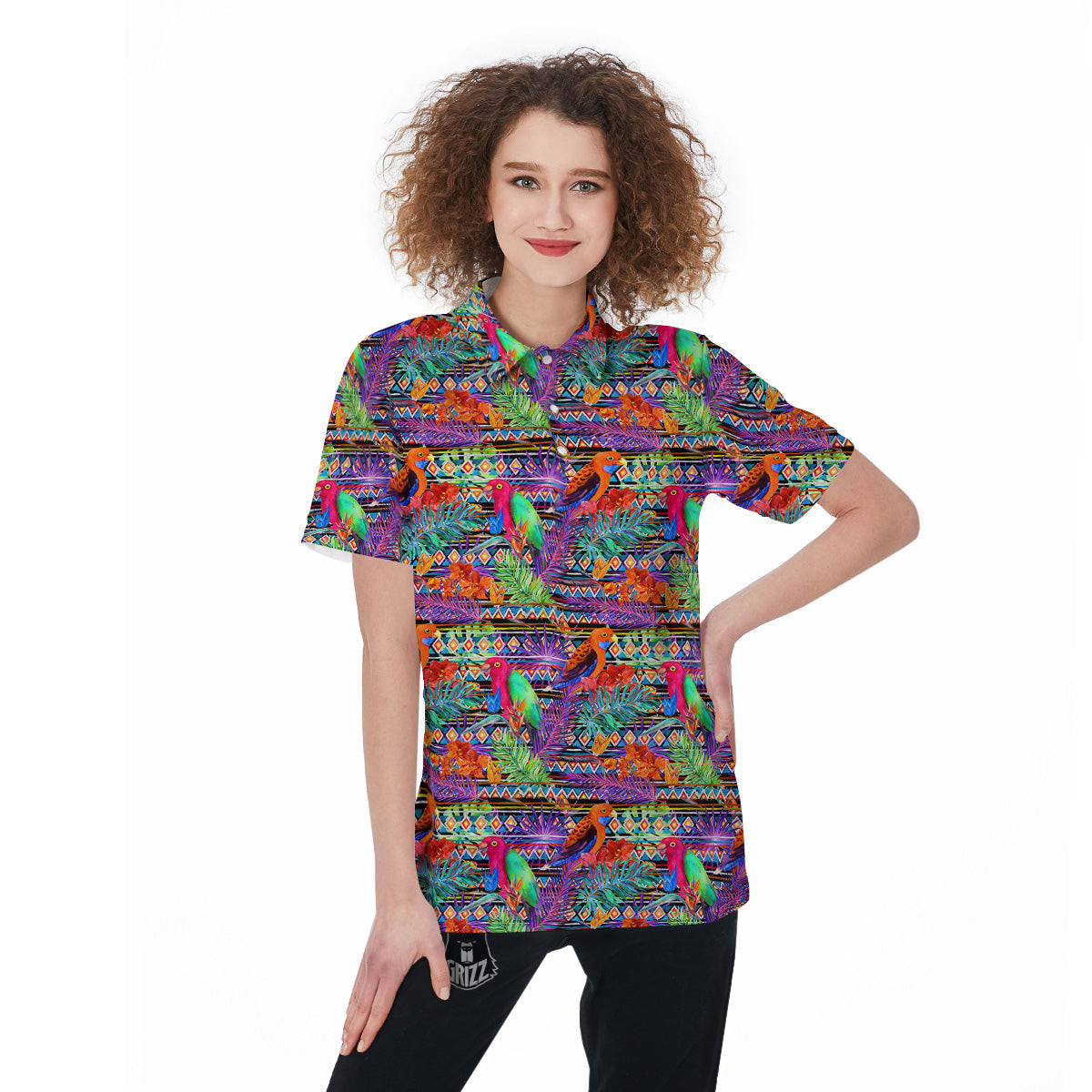 Tropical Leaves Exotic Bird Aztec Print Pattern Women's Golf Shirts-grizzshop