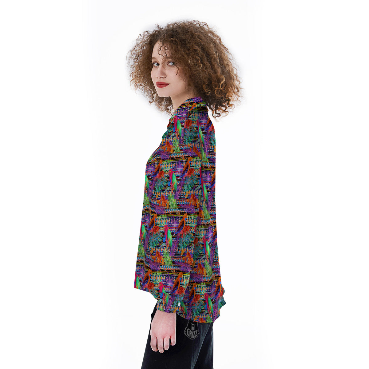 Tropical Leaves Exotic Bird Aztec Print Pattern Women's Long Sleeve Shirts-grizzshop
