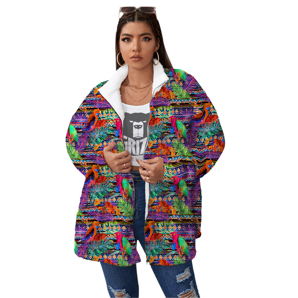Tropical Leaves Exotic Bird Aztec Print Pattern Women's Sherpa Jacket-grizzshop