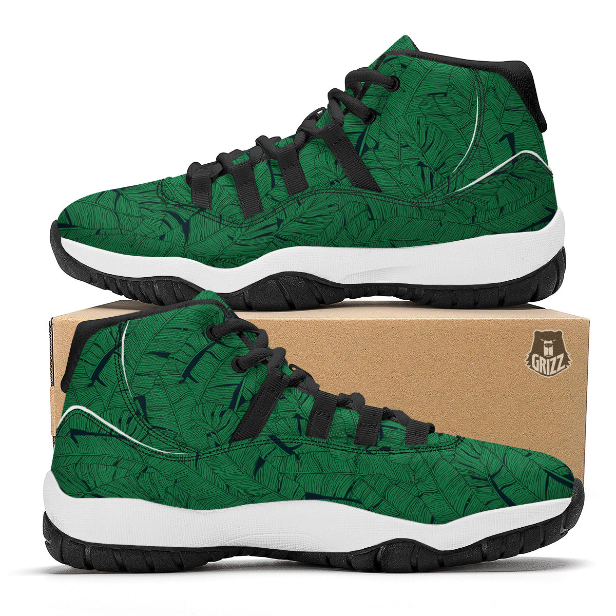 Tropical Leaves Green Print Pattern Black Bball Shoes-grizzshop