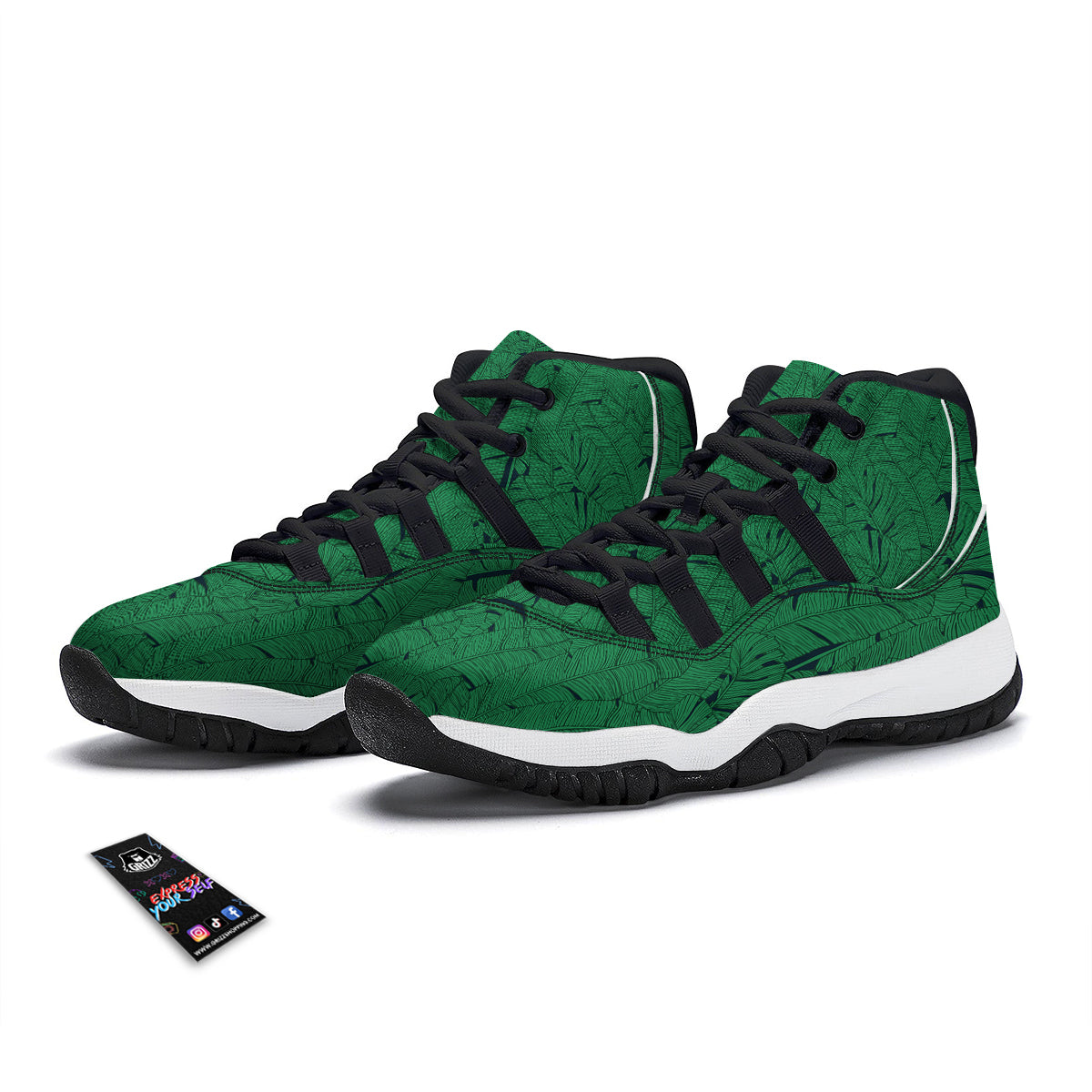 Tropical Leaves Green Print Pattern Black Bball Shoes-grizzshop