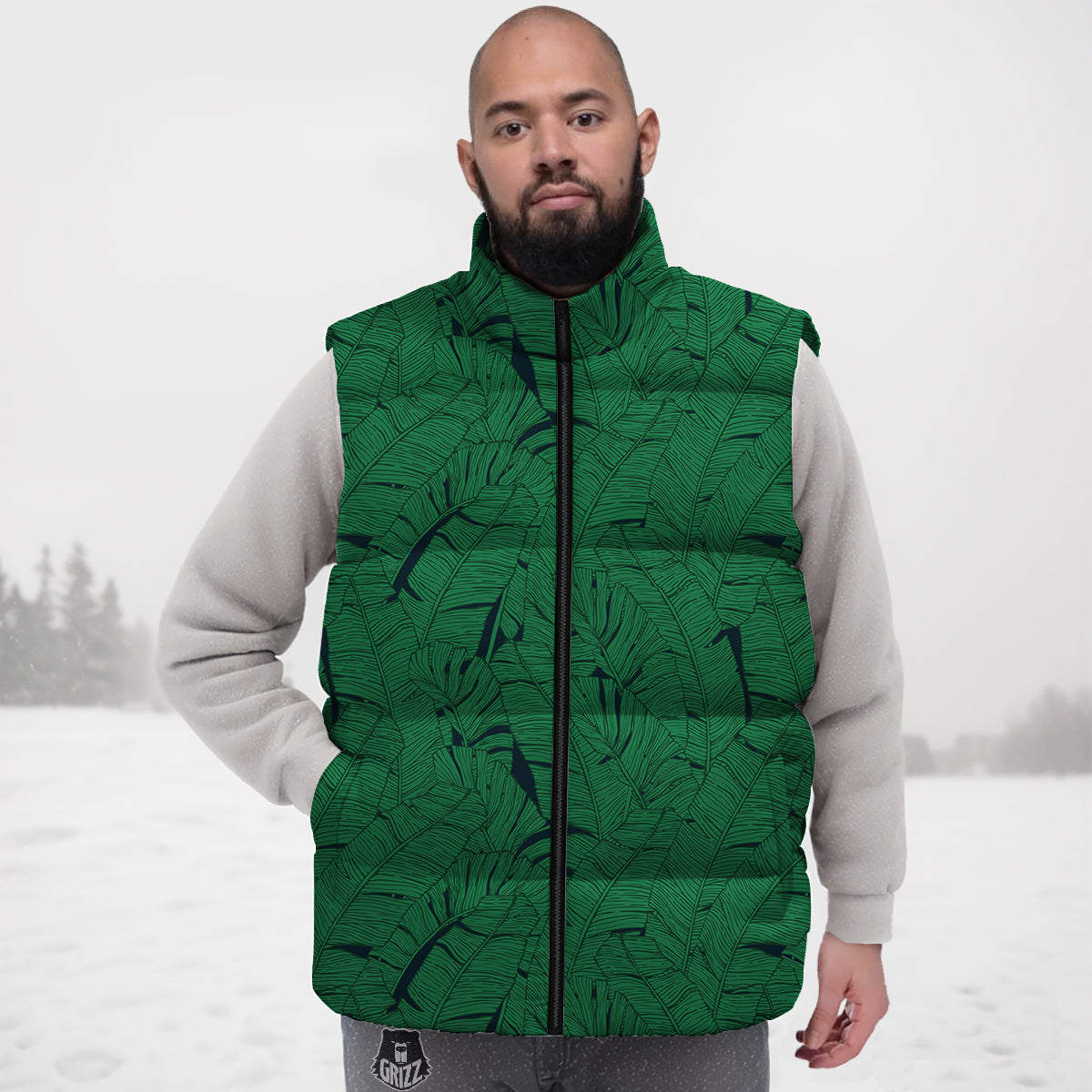 Tropical Leaves Green Print Pattern Down Vest-grizzshop
