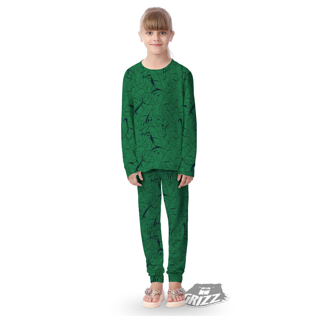 Tropical Leaves Green Print Pattern Kid's Pajamas-grizzshop