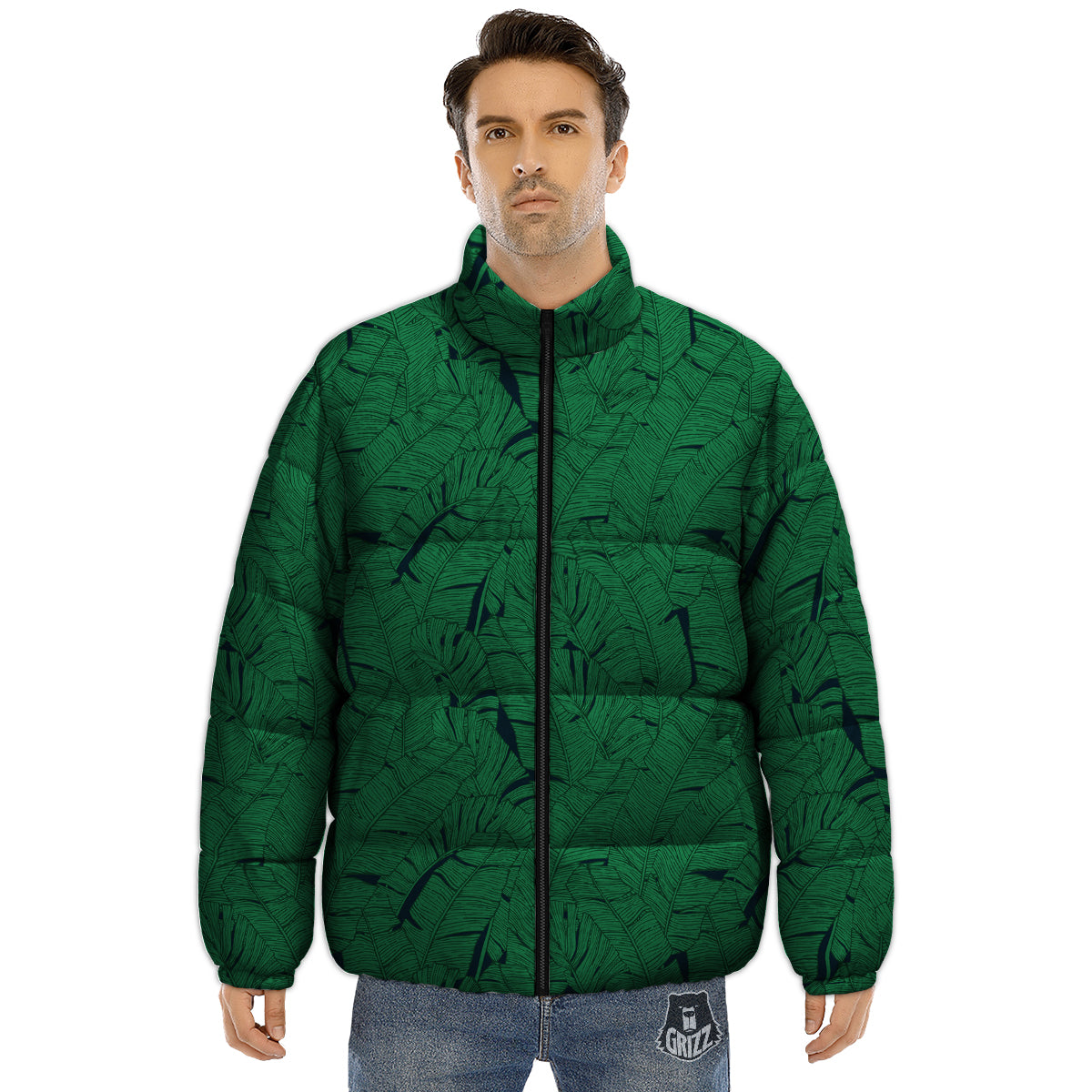 Tropical Leaves Green Print Pattern Puffer Jacket-grizzshop