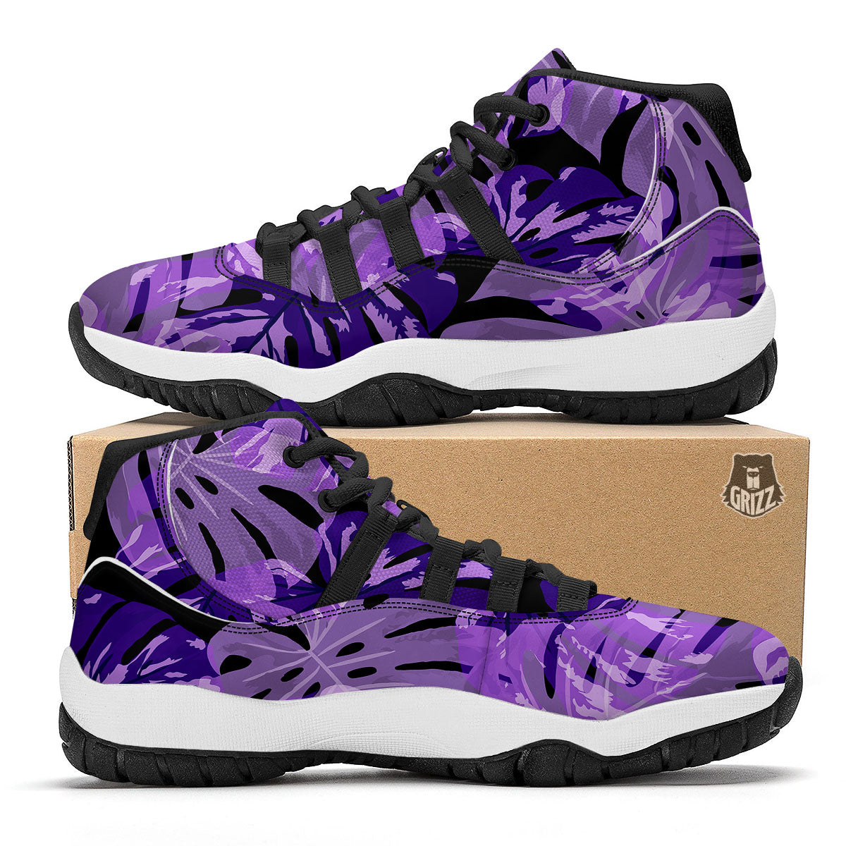 Tropical Leaves Purple Print Black Bball Shoes-grizzshop