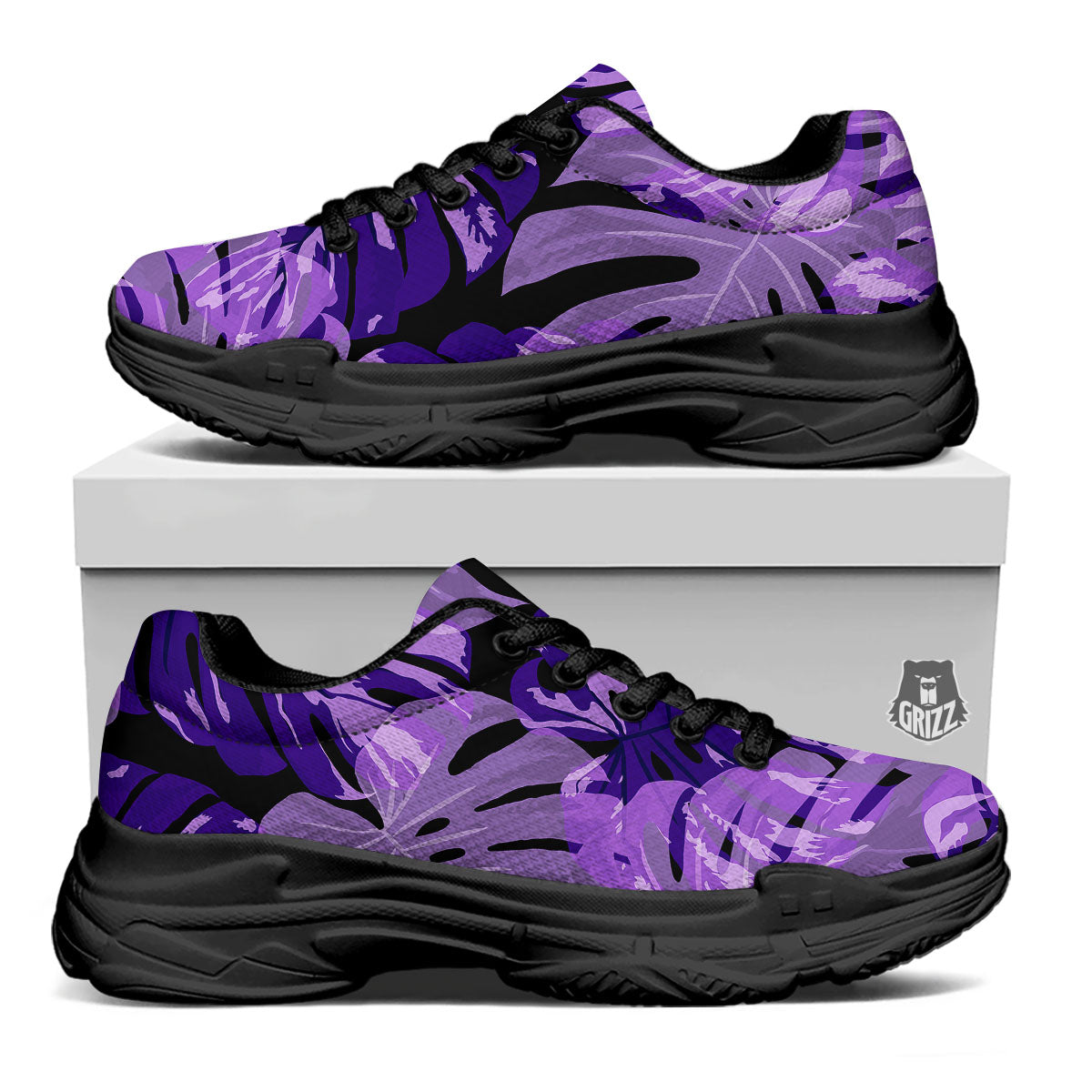 Tropical Leaves Purple Print Black Chunky Shoes-grizzshop