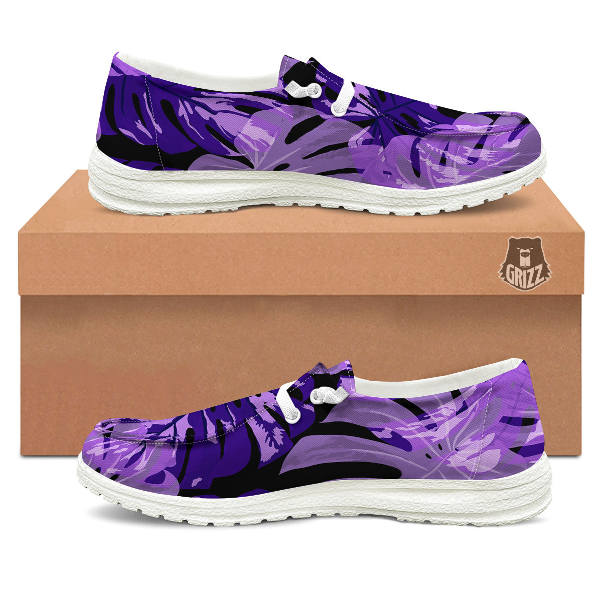 Tropical Leaves Purple Print Black Loafers-grizzshop
