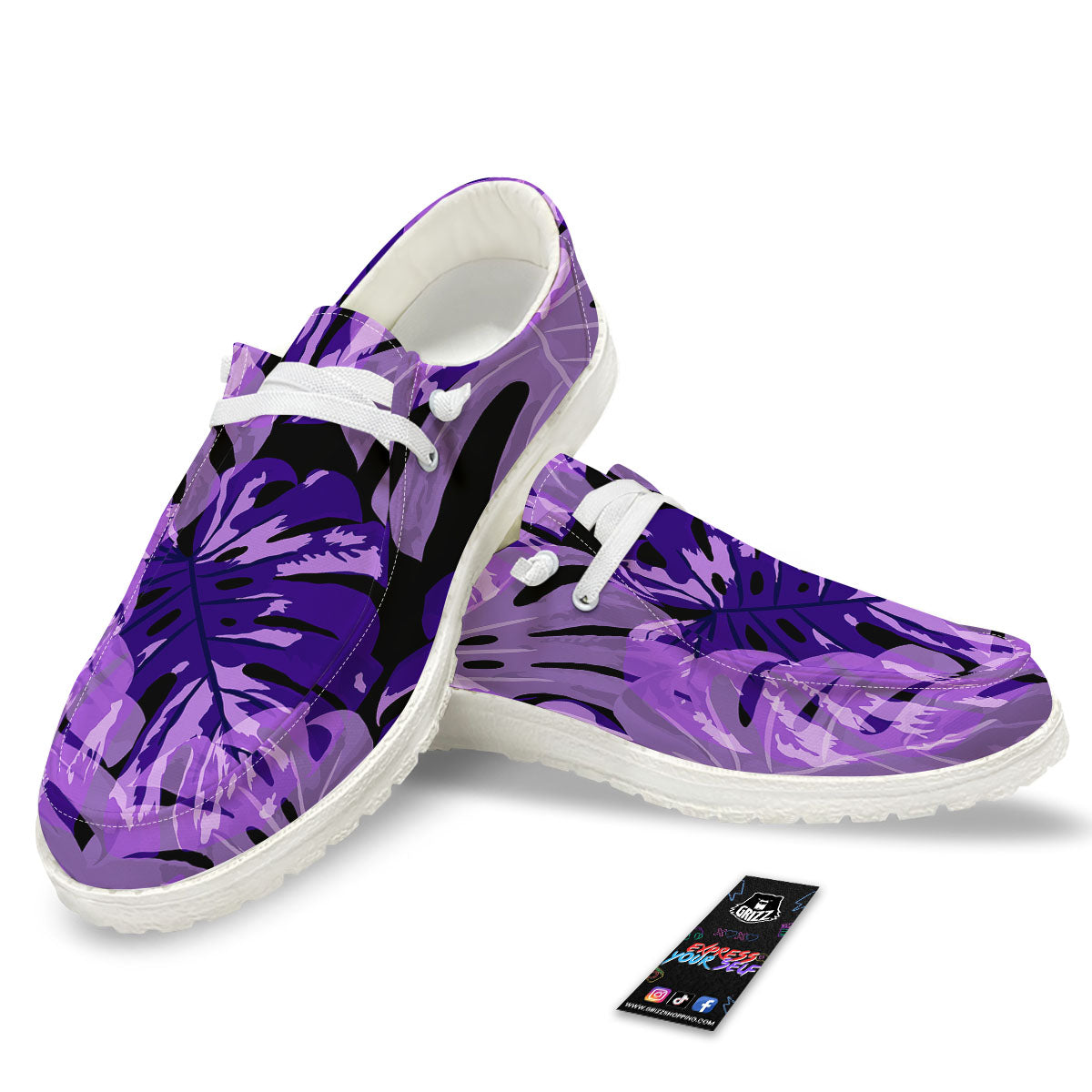 Tropical Leaves Purple Print Black Loafers-grizzshop
