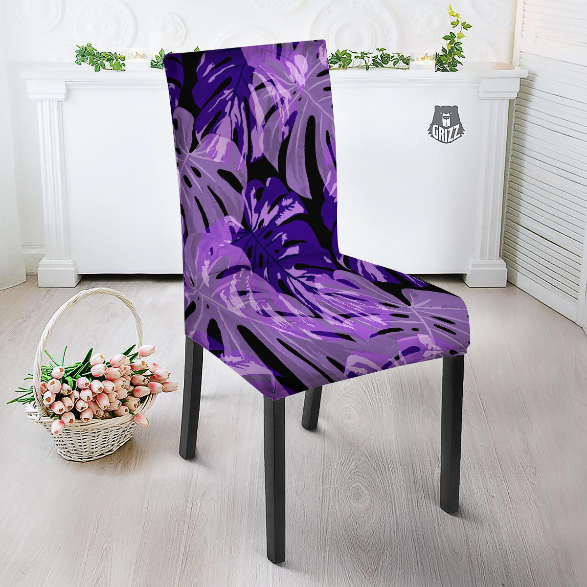 Tropical Leaves Purple Print Dining Chair Slipcover-grizzshop