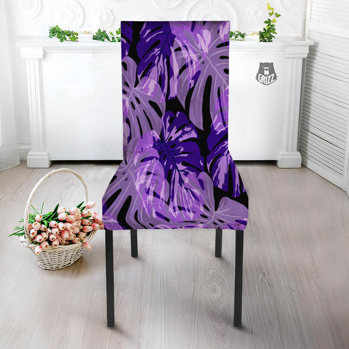 Tropical Leaves Purple Print Dining Chair Slipcover-grizzshop
