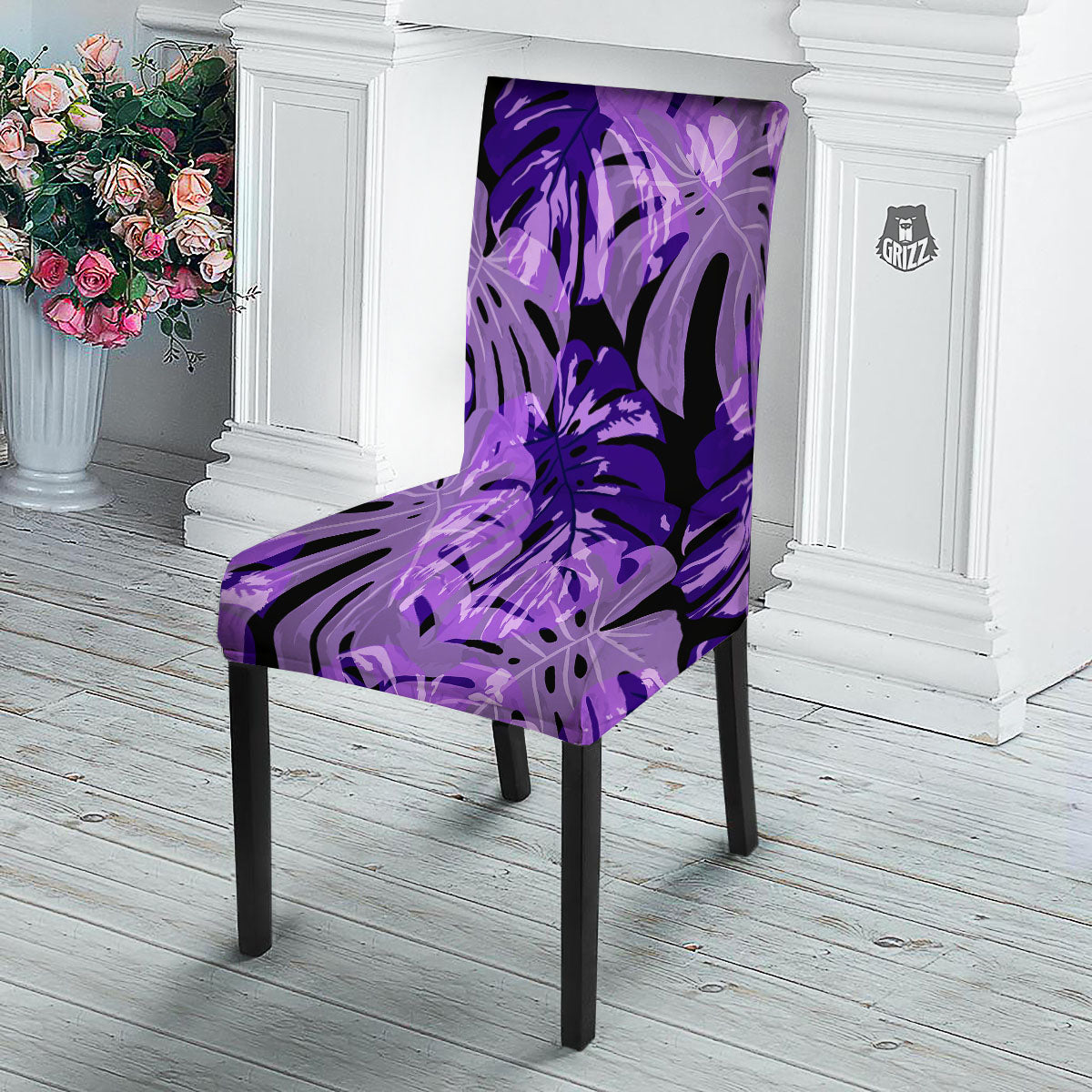 Tropical Leaves Purple Print Dining Chair Slipcover-grizzshop