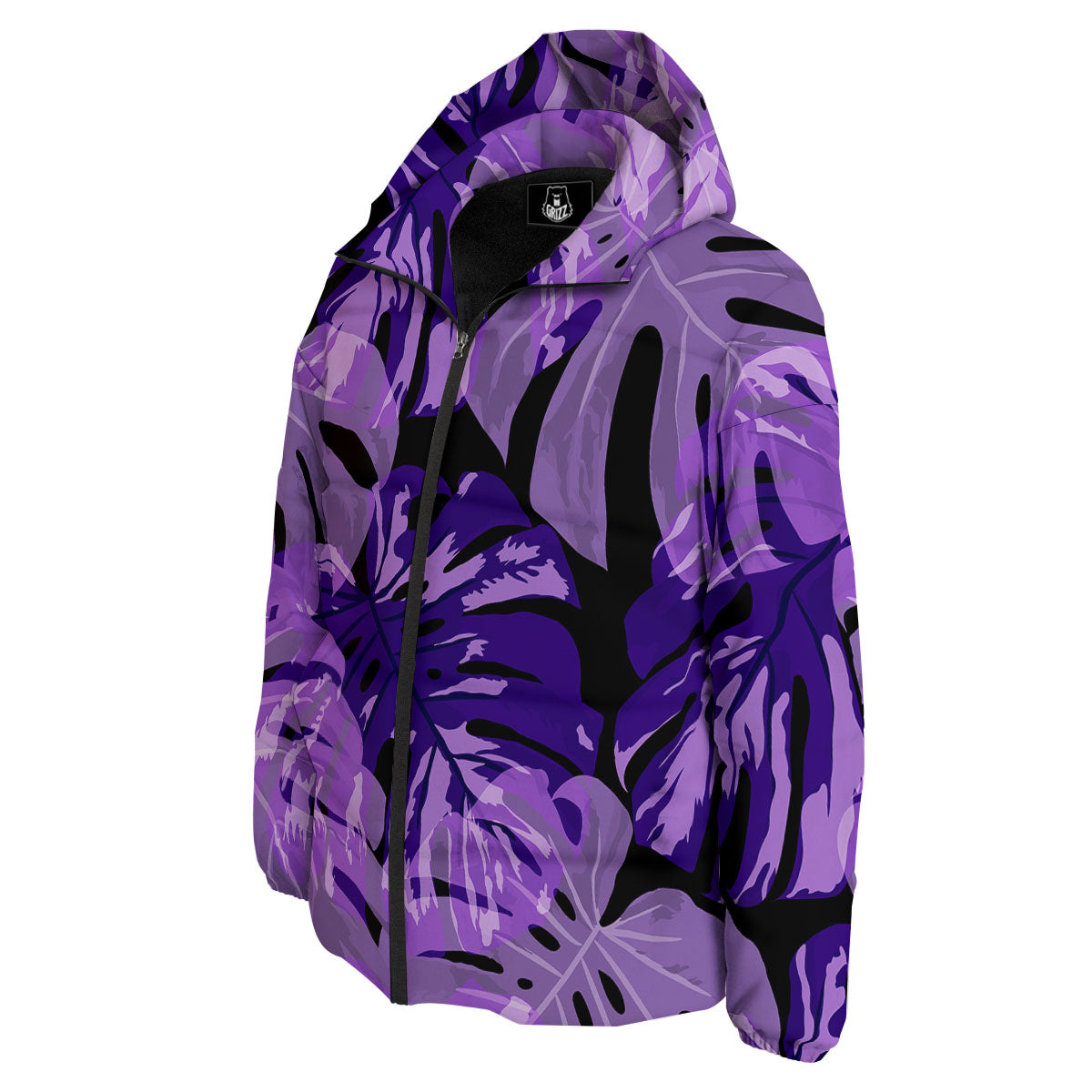 Tropical Leaves Purple Print Down Jacket-grizzshop