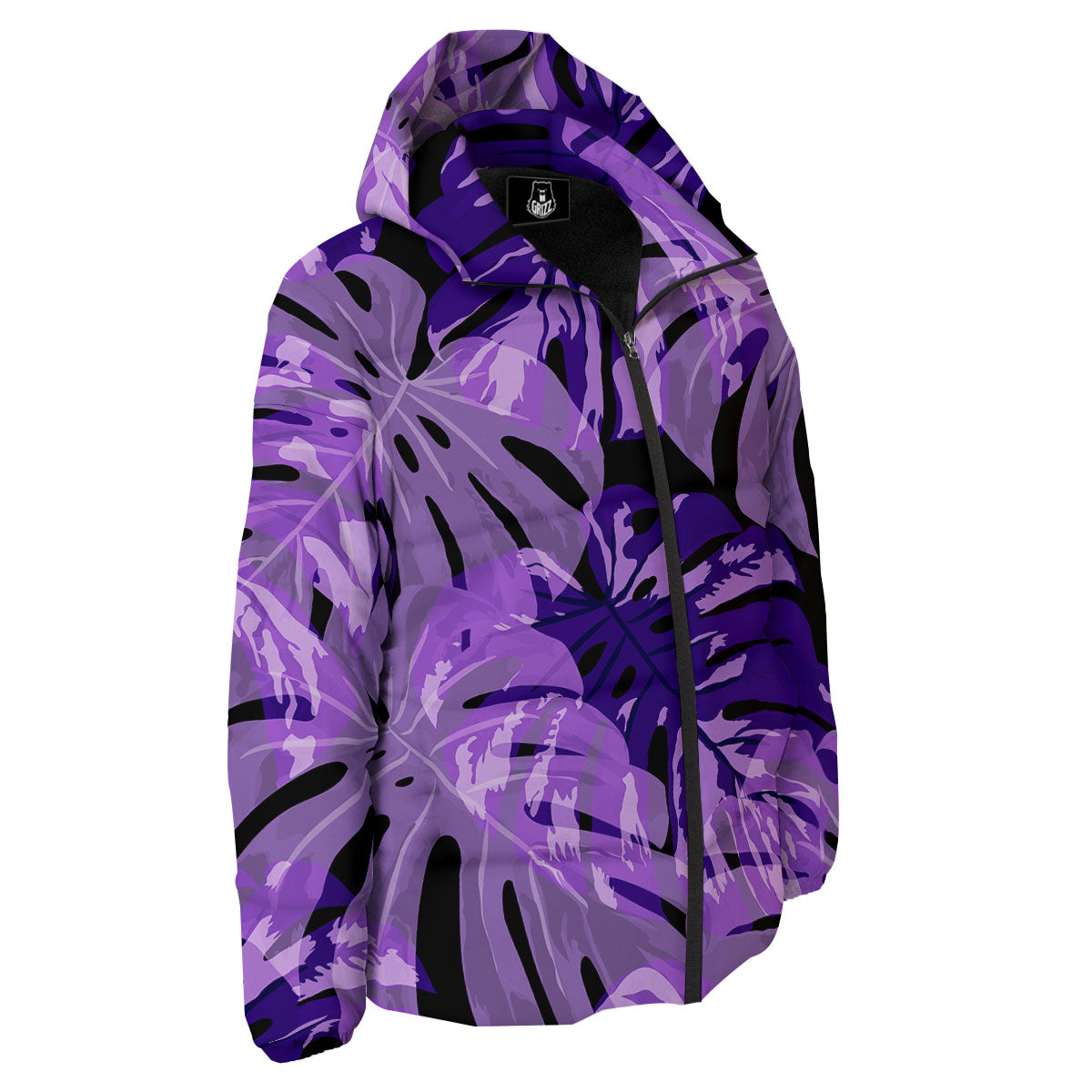 Tropical Leaves Purple Print Down Jacket-grizzshop