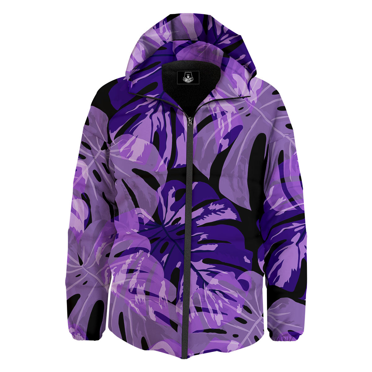 Tropical Leaves Purple Print Down Jacket-grizzshop