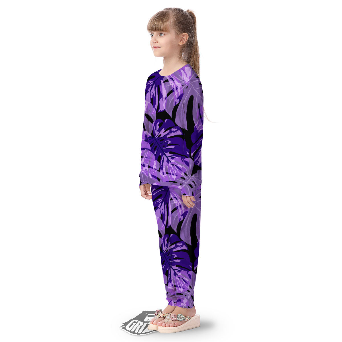 Tropical Leaves Purple Print Kid's Pajamas-grizzshop