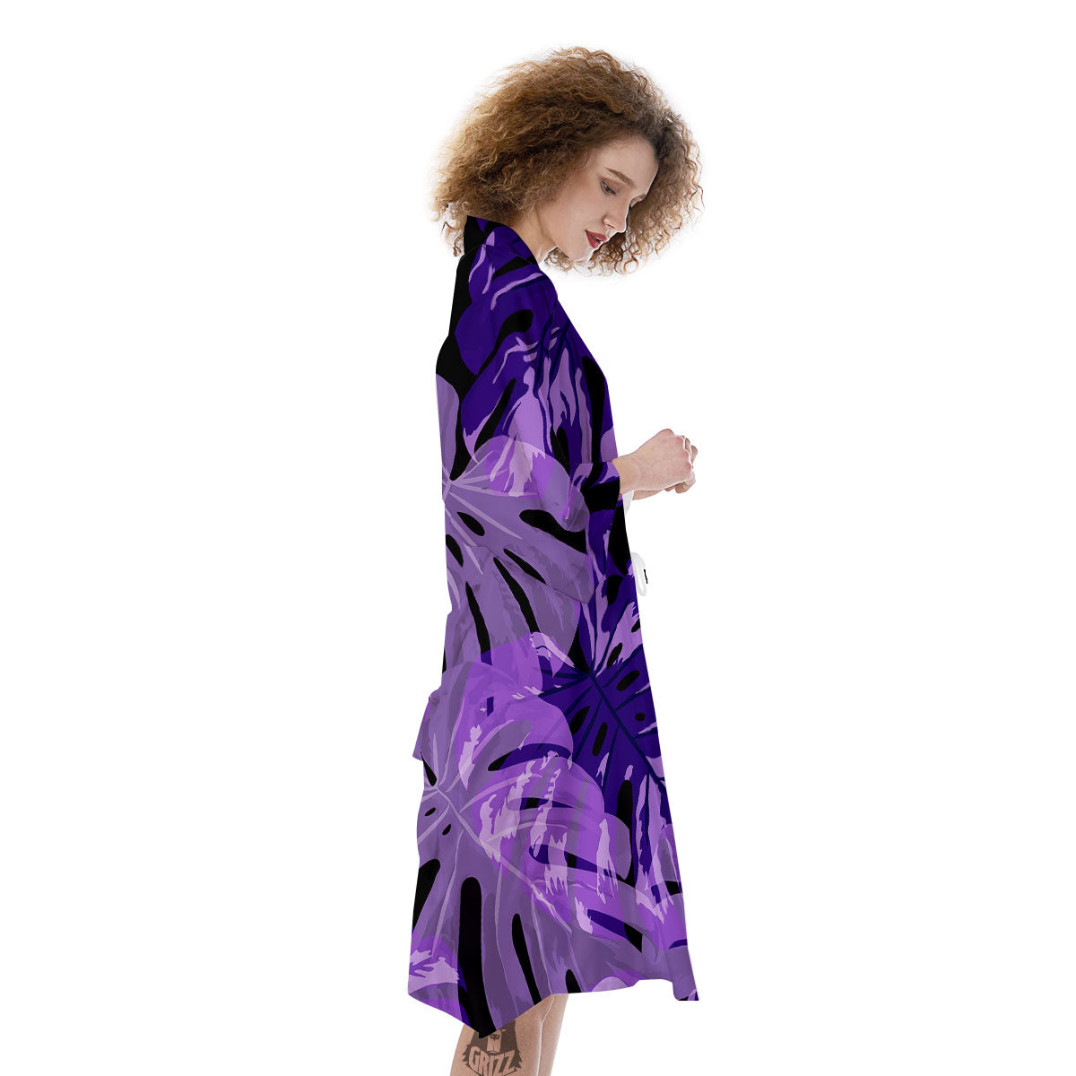 Tropical Leaves Purple Print Kimono-grizzshop