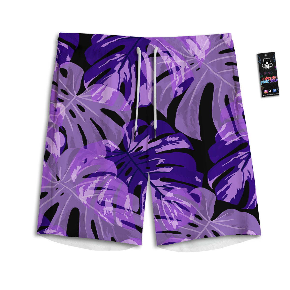 Tropical Leaves Purple Print Men's Athletic Shorts-grizzshop