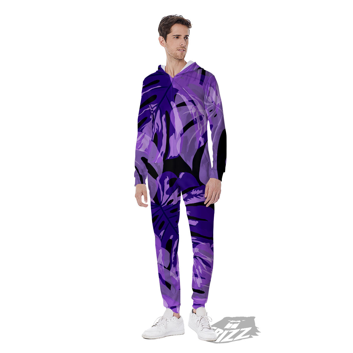 Tropical Leaves Purple Print Men's Jumpsuit-grizzshop
