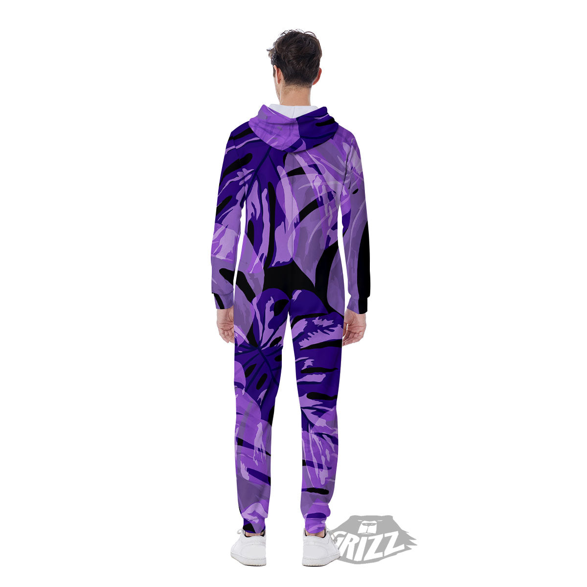 Tropical Leaves Purple Print Men's Jumpsuit-grizzshop