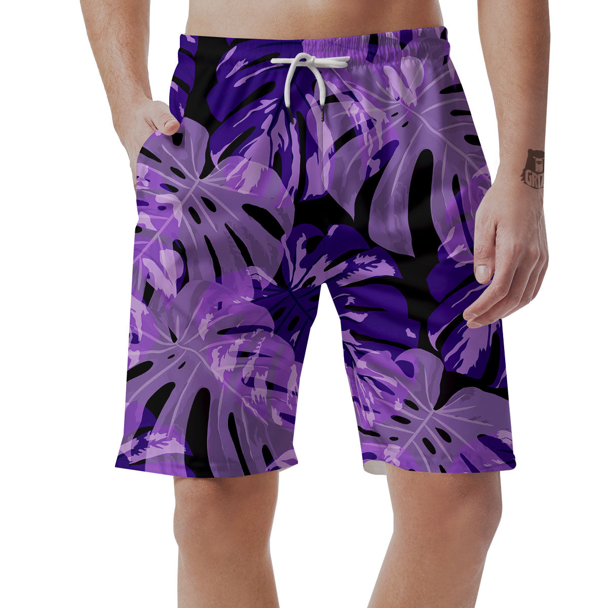 Tropical Leaves Purple Print Men's Shorts-grizzshop