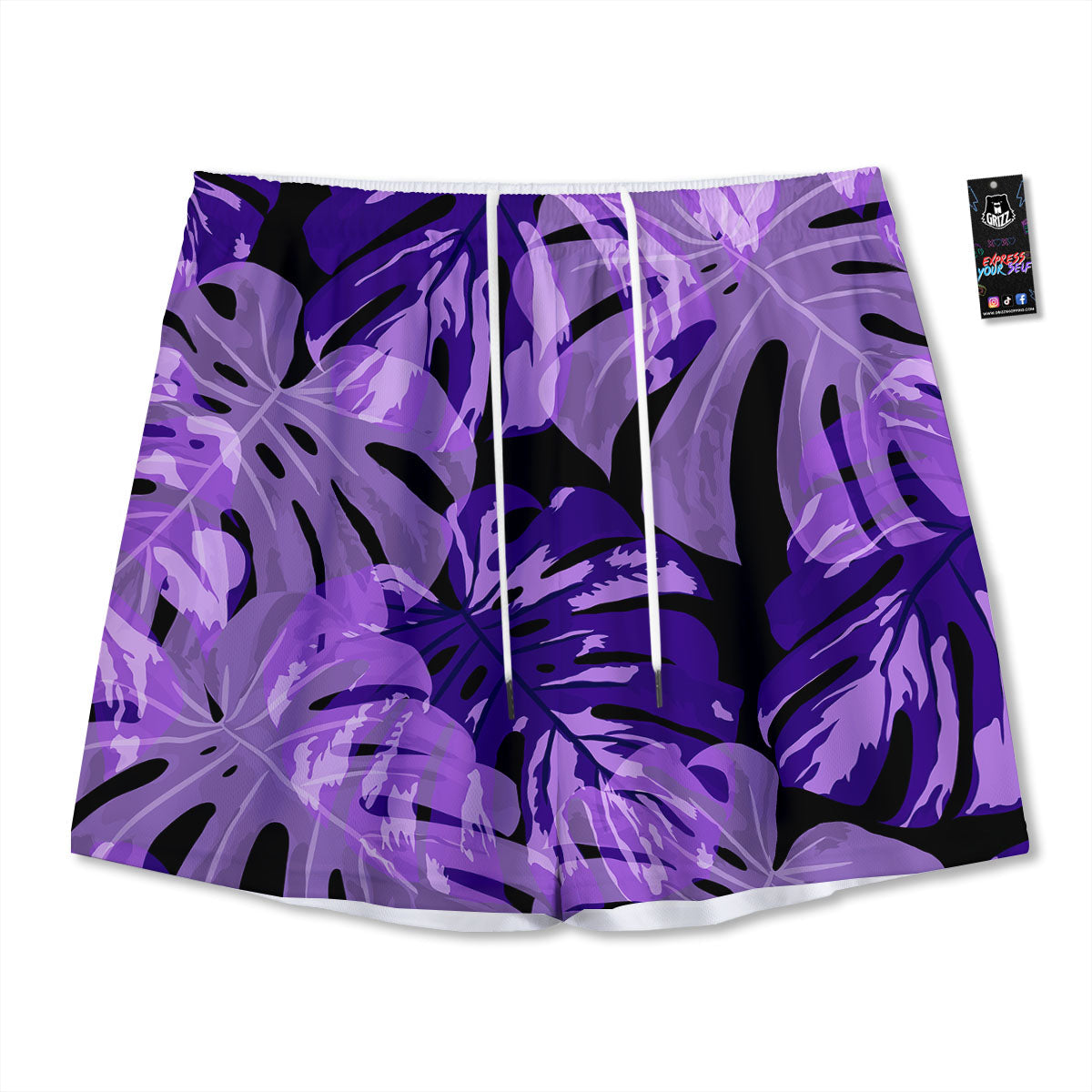 Tropical Leaves Purple Print Mesh Shorts-grizzshop