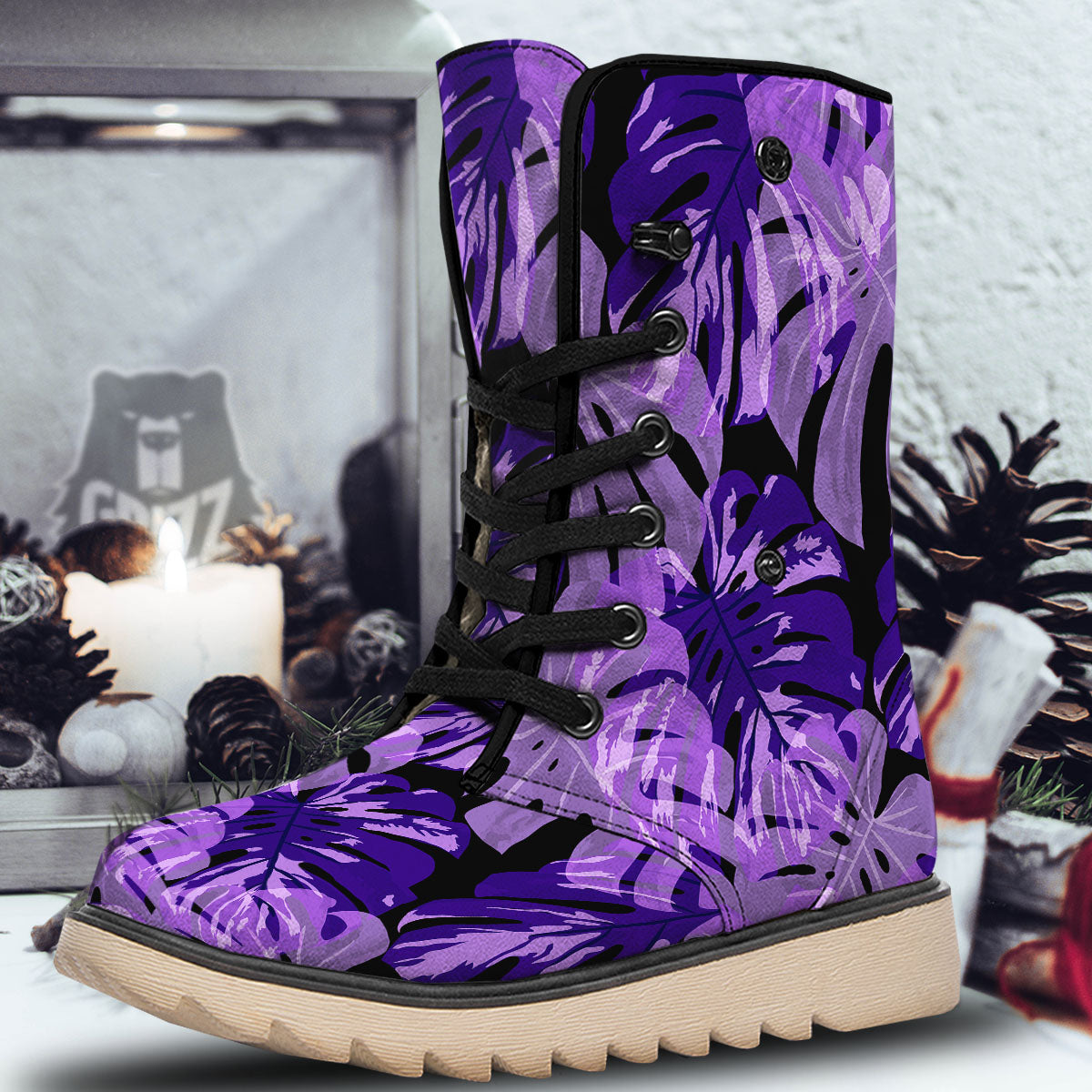Tropical Leaves Purple Print Snow Boots-grizzshop