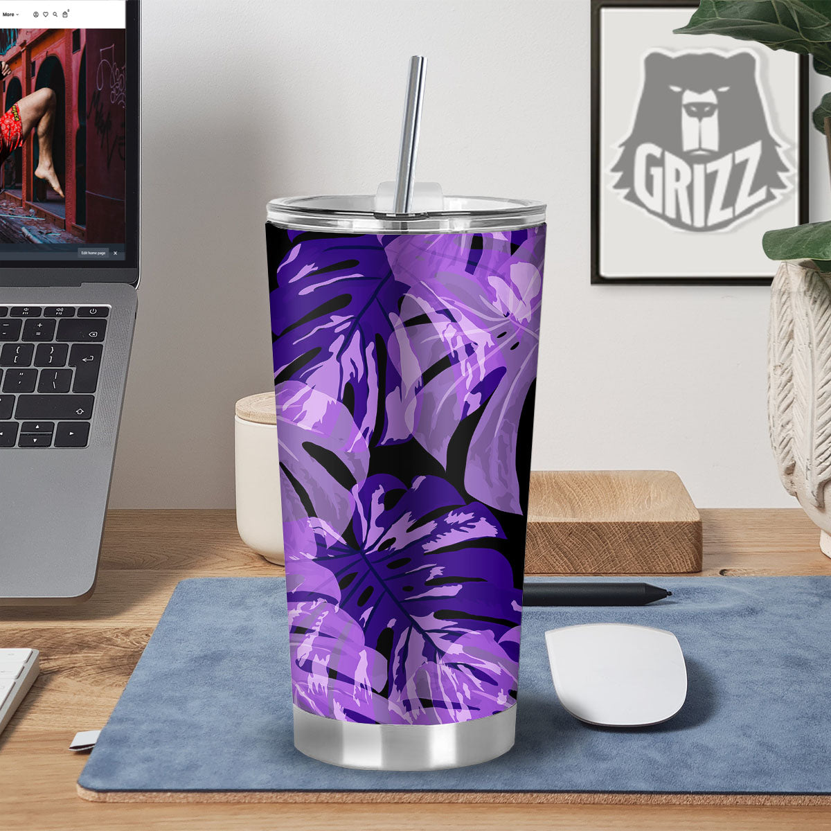 Tropical Leaves Purple Print Tumbler-grizzshop