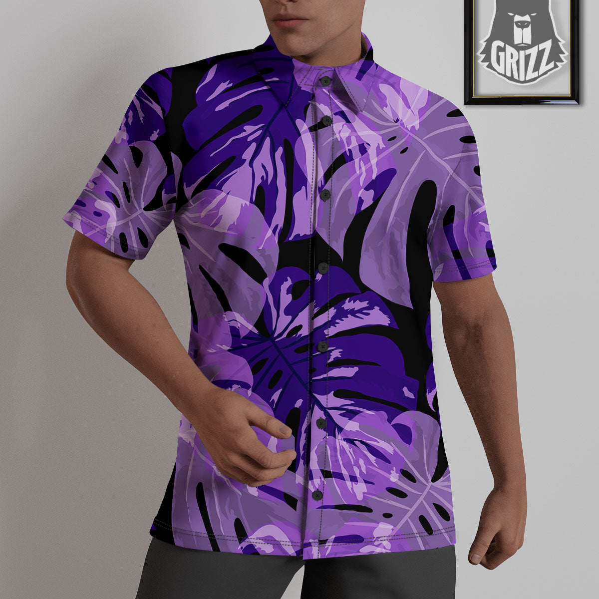 Tropical Leaves Purple Print Untucked Shirts-grizzshop
