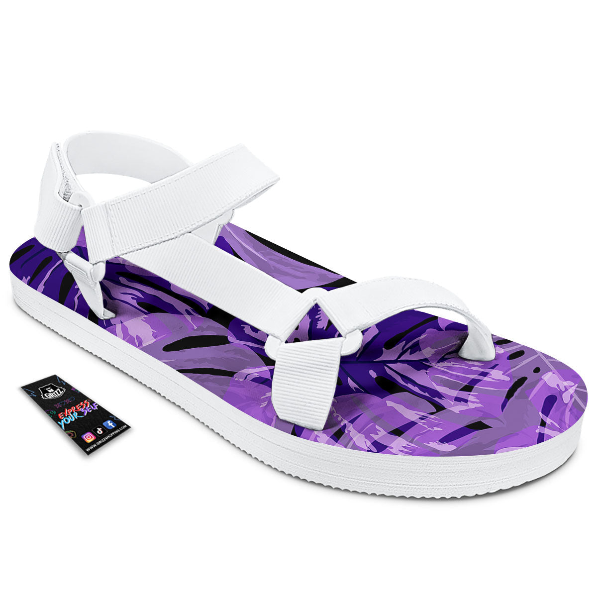 Tropical Leaves Purple Print White Open Toe Sandals-grizzshop