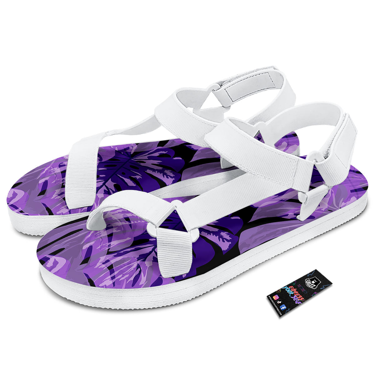 Tropical Leaves Purple Print White Open Toe Sandals-grizzshop