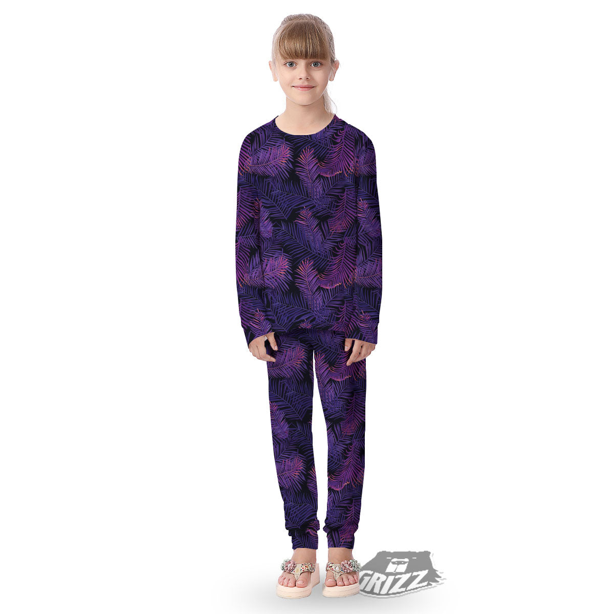 Tropical Leaves Violet Print Pattern Kid's Pajamas-grizzshop