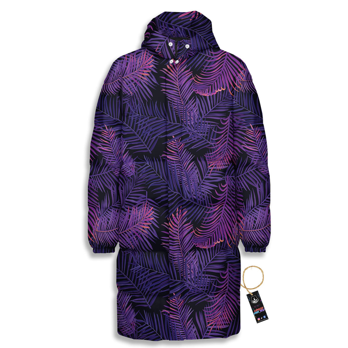 Tropical Leaves Violet Print Pattern Long Down Jacket-grizzshop
