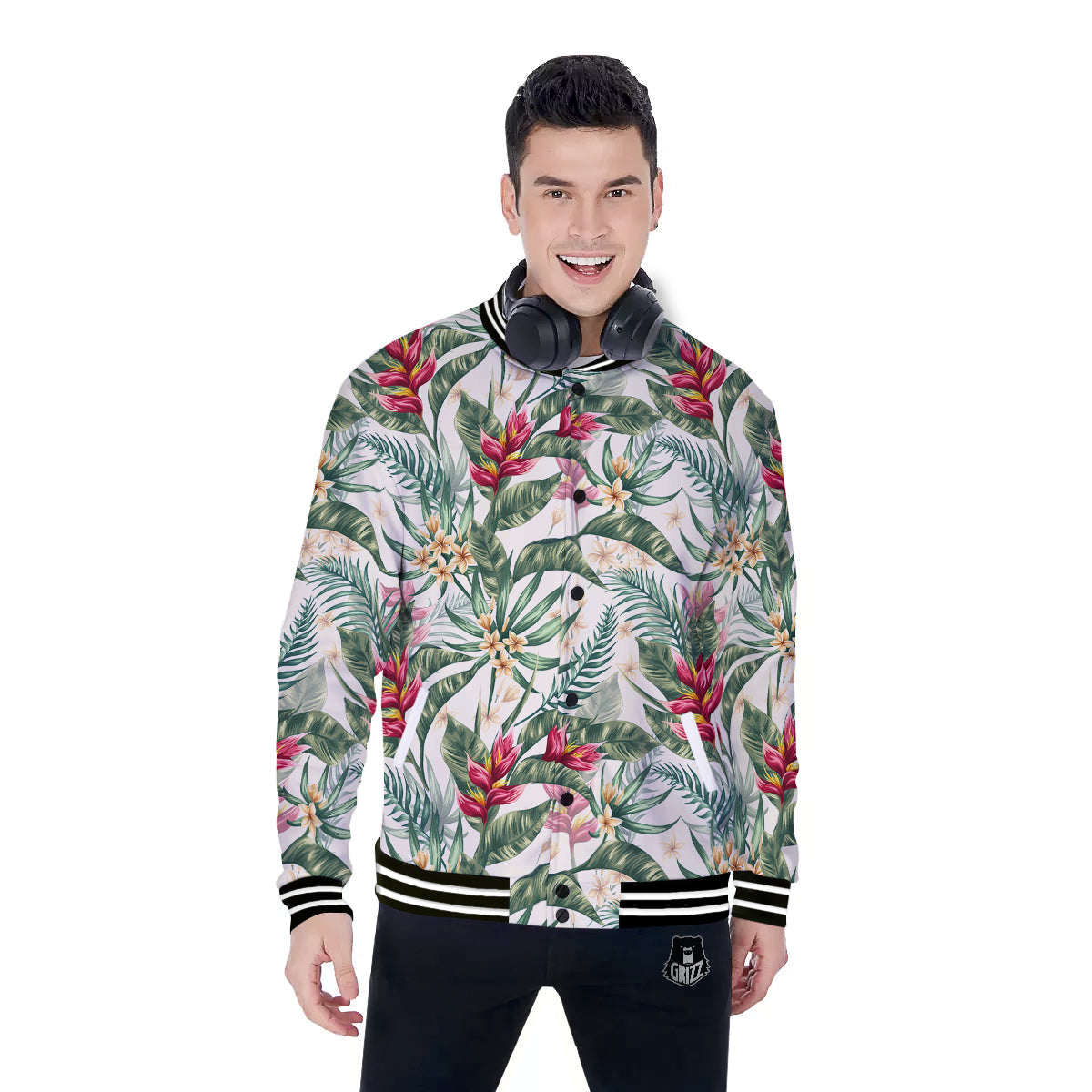 Tropical Leaves Watercolor Print Pattern Baseball Jacket-grizzshop