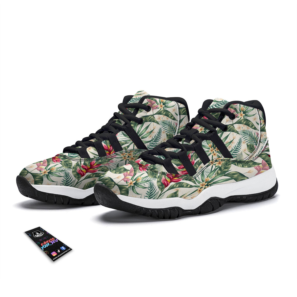 Tropical Leaves Watercolor Print Pattern Black Bball Shoes-grizzshop