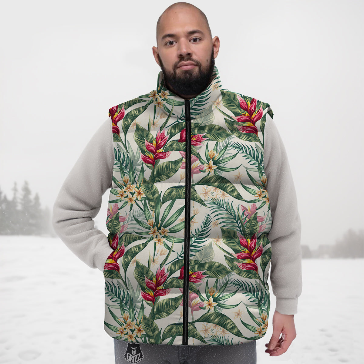 Tropical Leaves Watercolor Print Pattern Down Vest-grizzshop