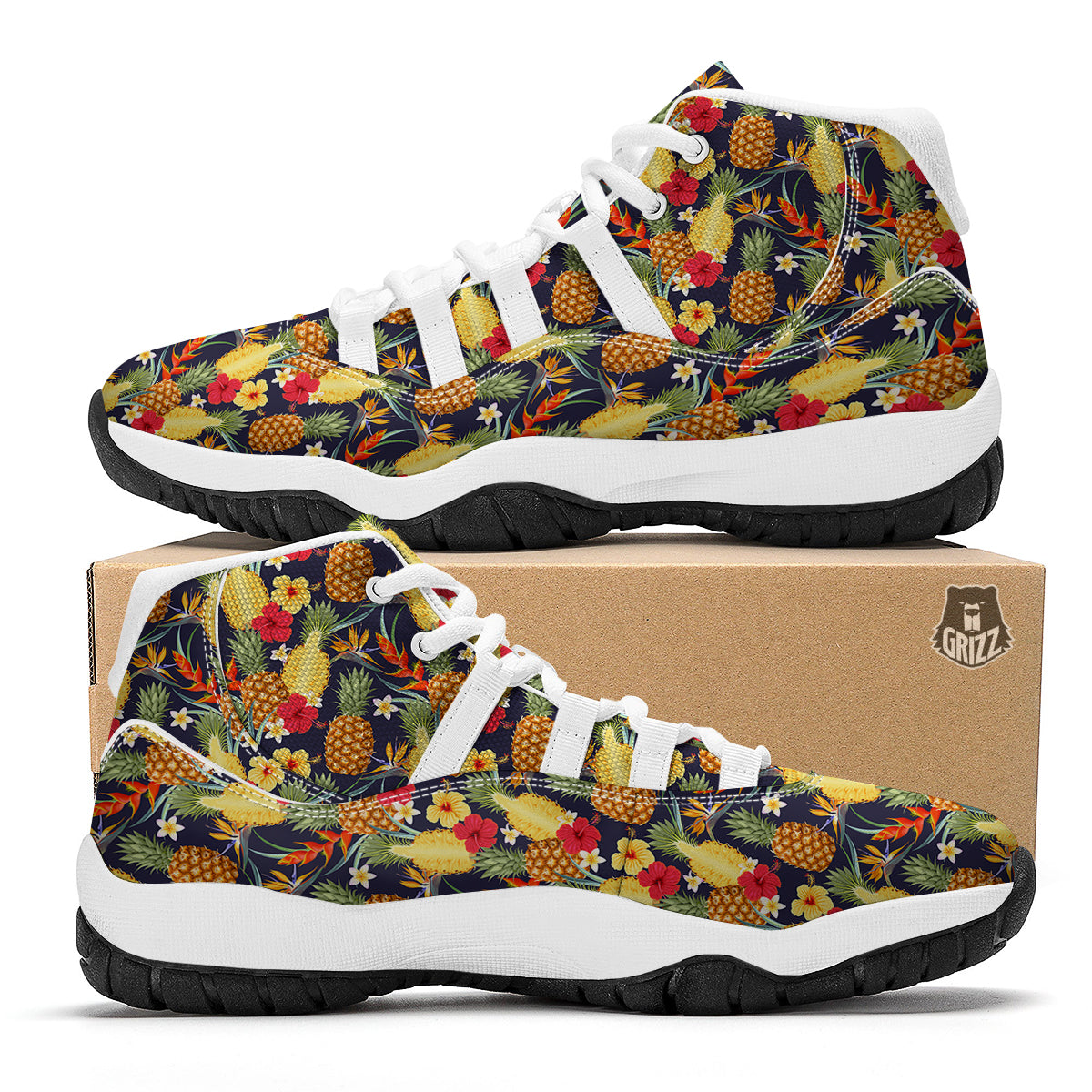 Tropical Mixed Hibiscus Pineapple Print White Bball Shoes-grizzshop