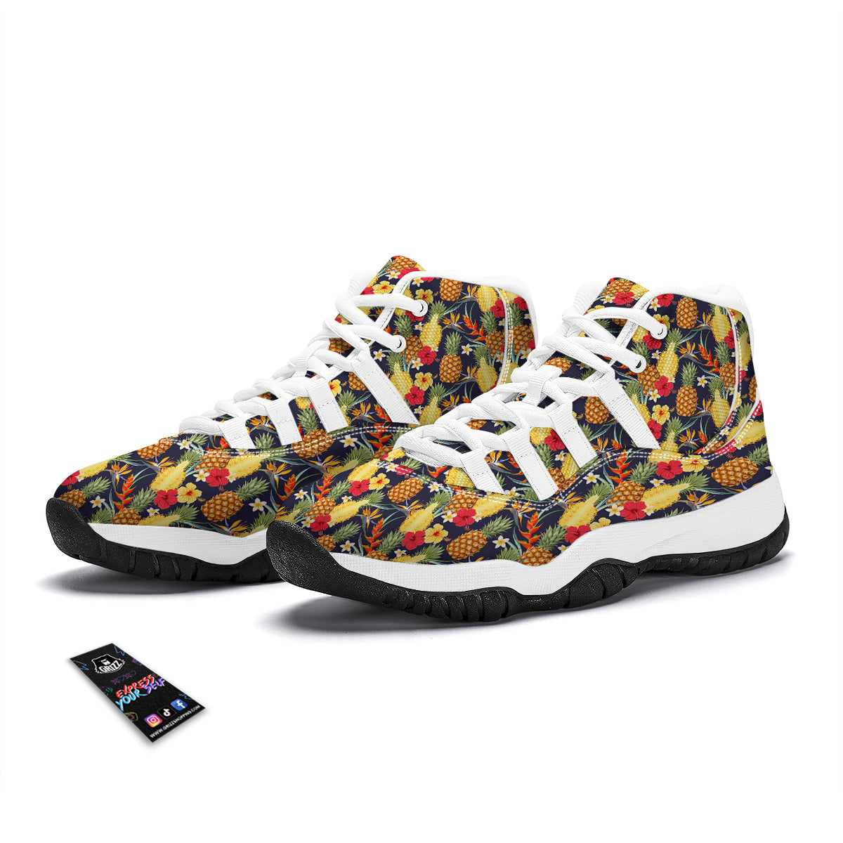 Tropical Mixed Hibiscus Pineapple Print White Bball Shoes-grizzshop
