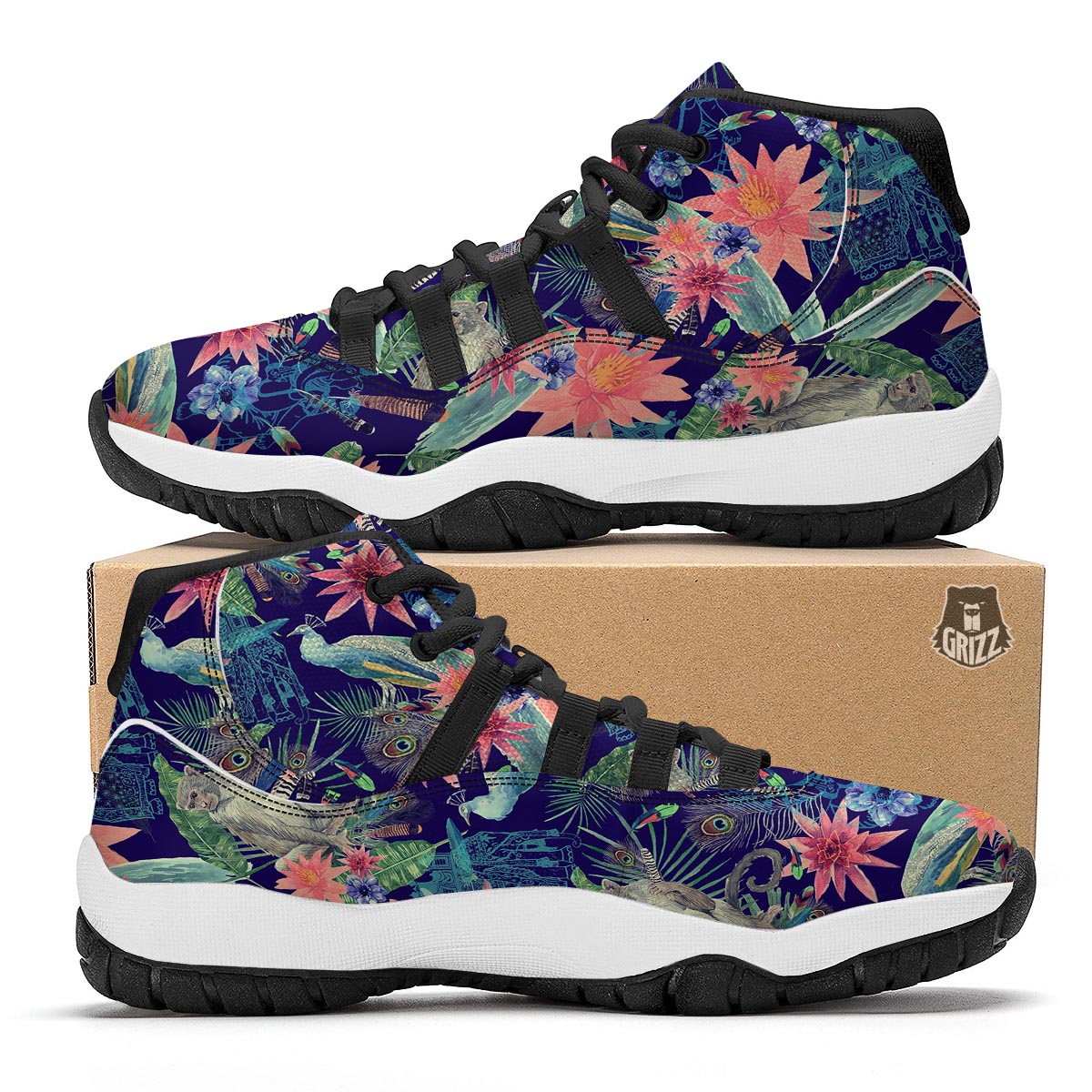 Tropical Monkey Print Pattern Black Bball Shoes-grizzshop