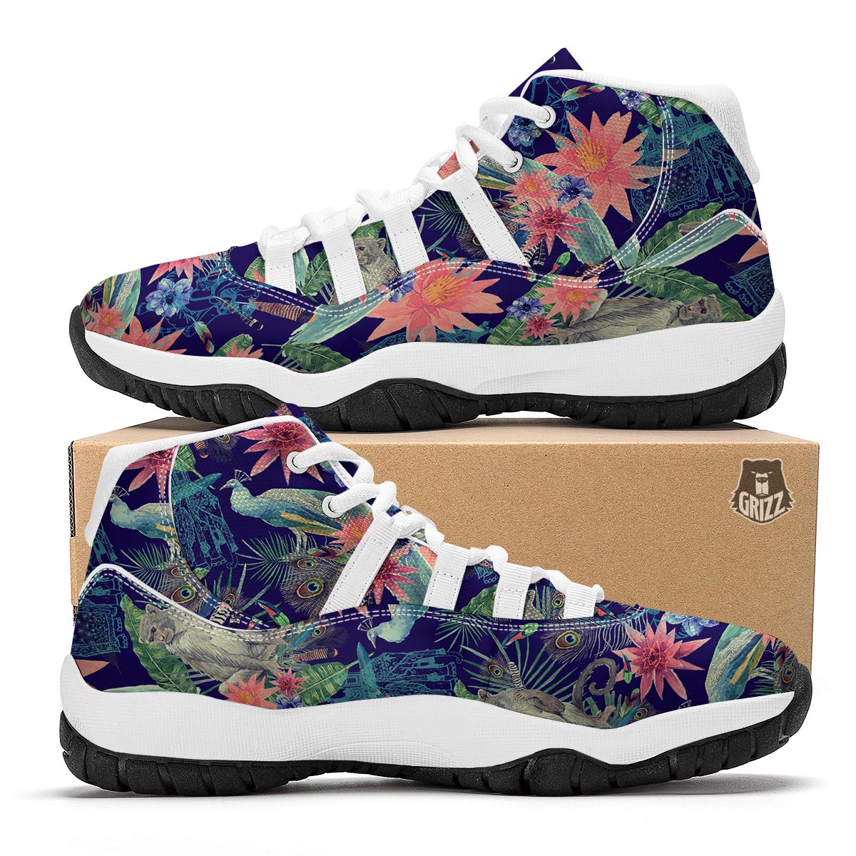 Tropical Monkey Print Pattern White Bball Shoes-grizzshop