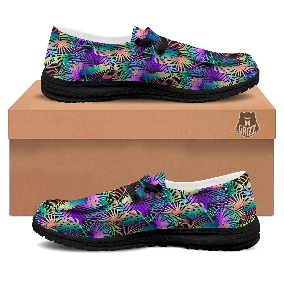 Tropical Neon Color And Palm Leaves Print Pattern Black Loafers-grizzshop
