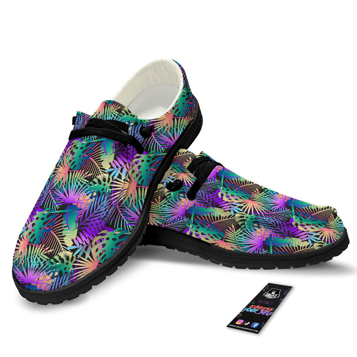Tropical Neon Color And Palm Leaves Print Pattern Black Loafers-grizzshop