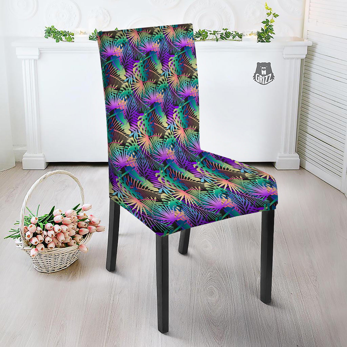 Tropical Neon Color And Palm Leaves Print Pattern Dining Chair Slipcover-grizzshop