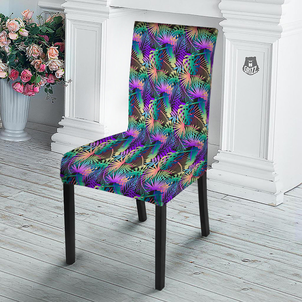 Tropical Neon Color And Palm Leaves Print Pattern Dining Chair Slipcover-grizzshop