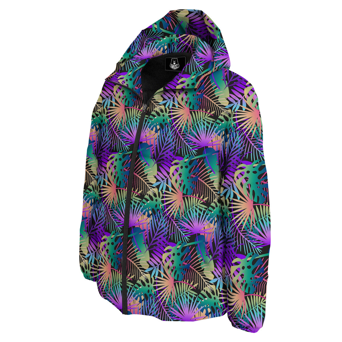 Tropical Neon Color And Palm Leaves Print Pattern Down Jacket-grizzshop