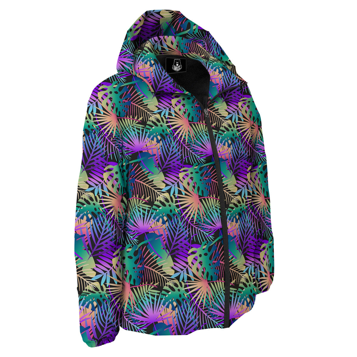 Tropical Neon Color And Palm Leaves Print Pattern Down Jacket-grizzshop