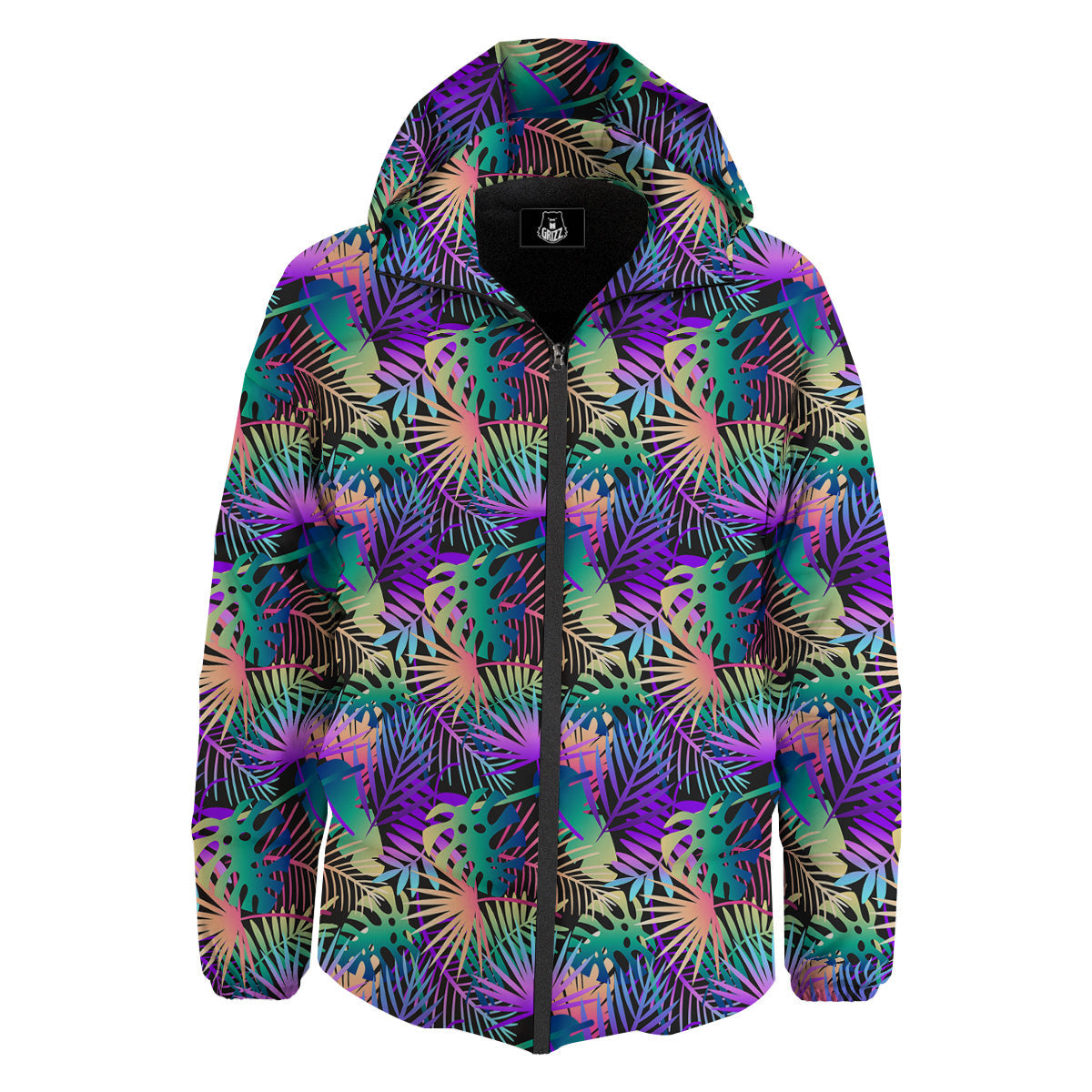 Tropical Neon Color And Palm Leaves Print Pattern Down Jacket-grizzshop
