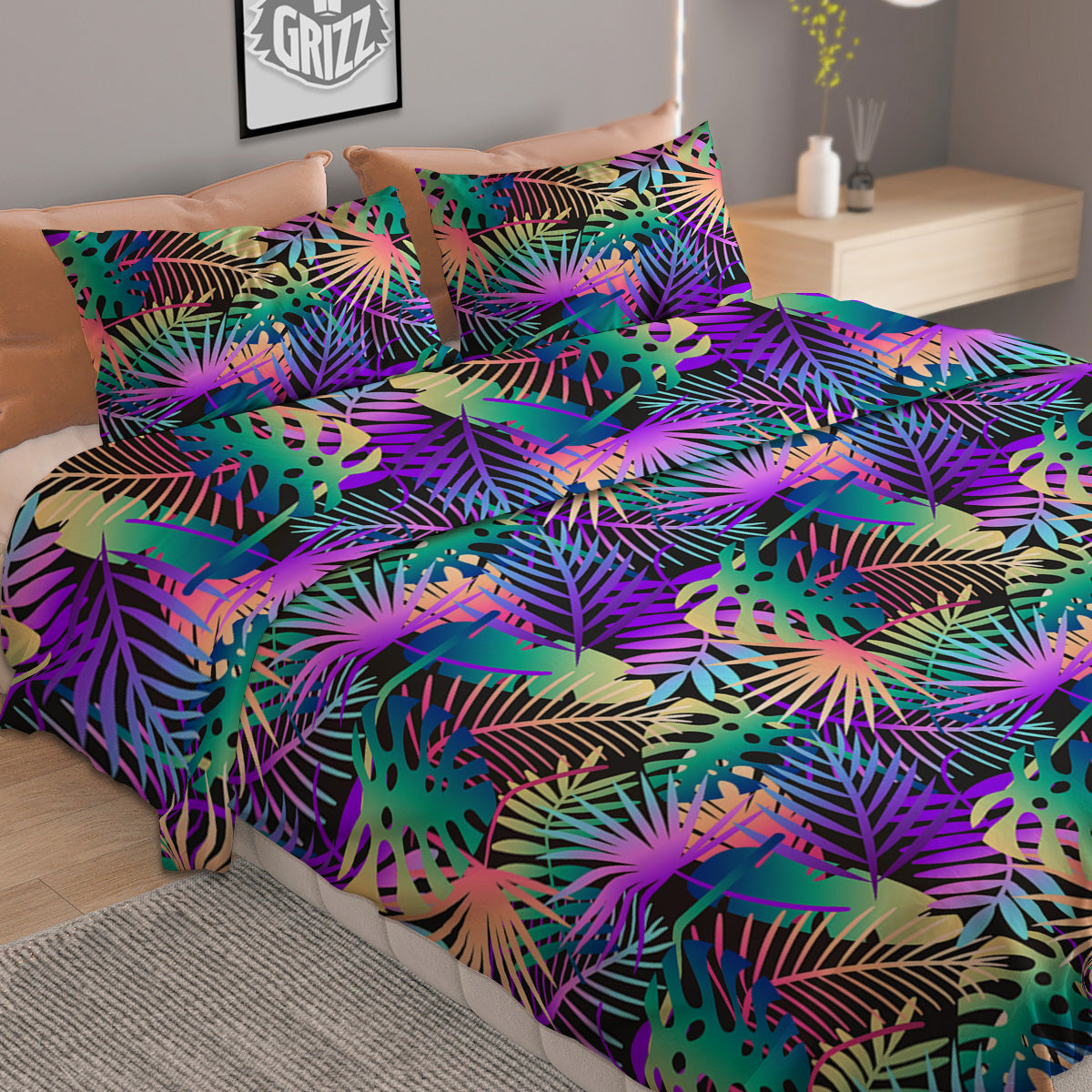 Tropical Neon Color And Palm Leaves Print Pattern Duvet Cover Bedding Set